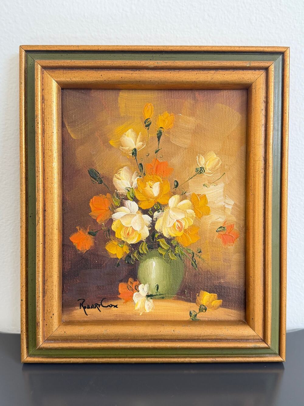 Vintage Robert Cox original oil painting framed vibrant flowers in a green vase